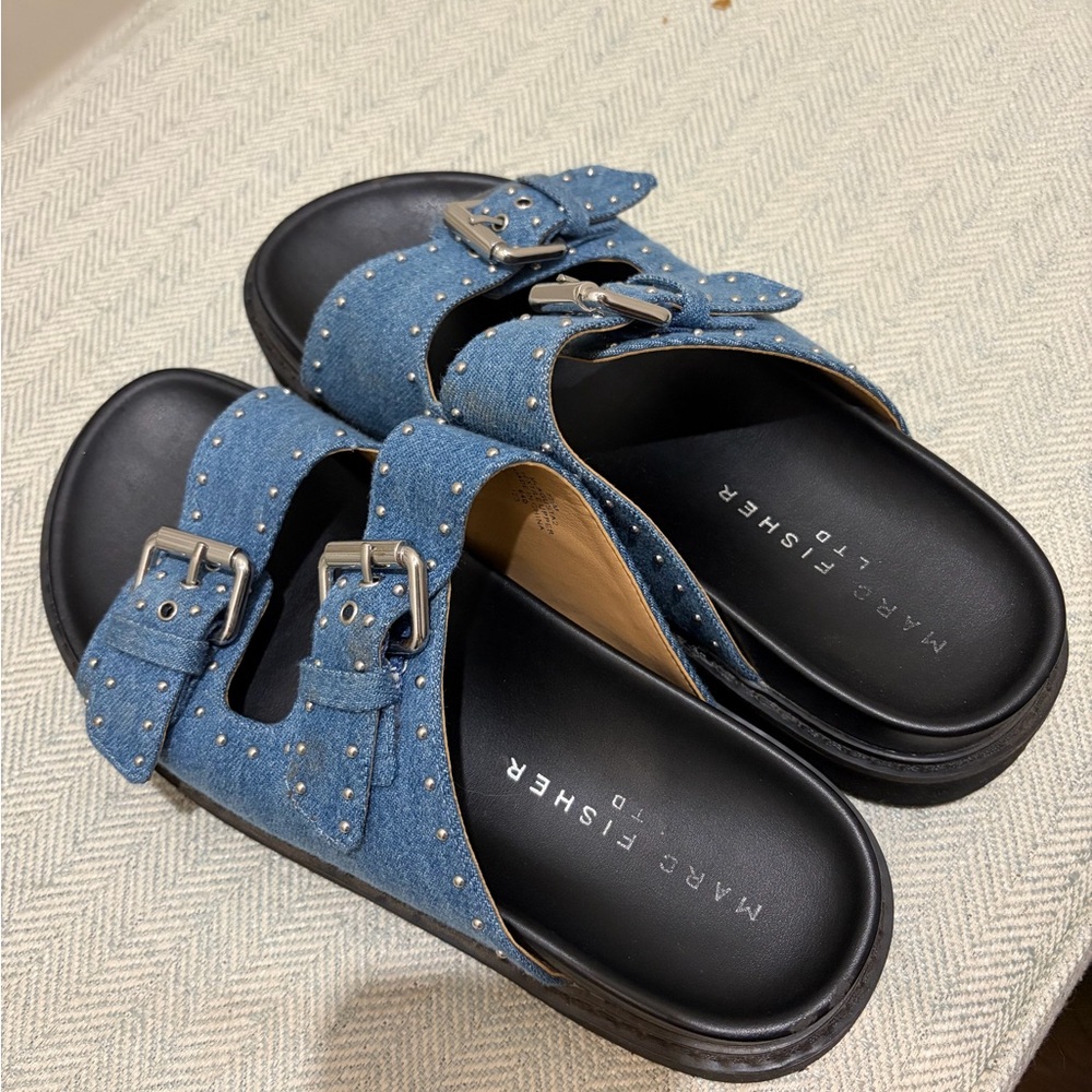 Marc Fisher LTD Agusta blue denim studded slide sandals 7.5